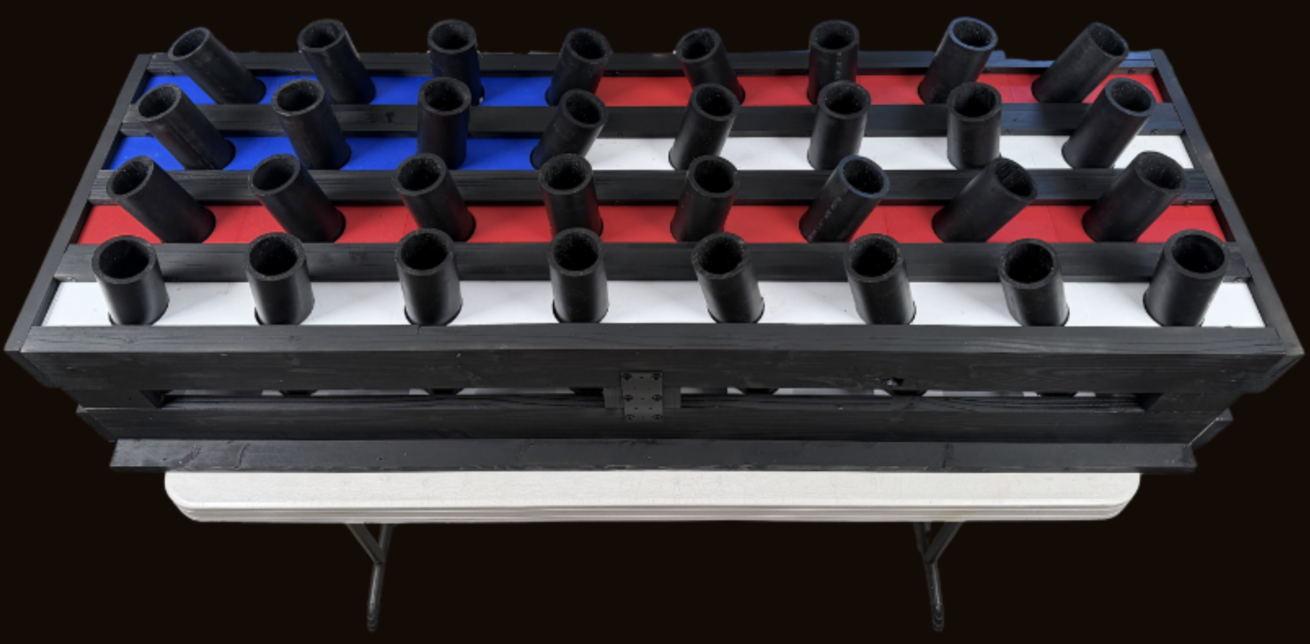Fully assembled Chase Face 4&times;8 mortar rack — wood frame, 3D-printed bottom blocks, top collars, tubes seated, ready to fire