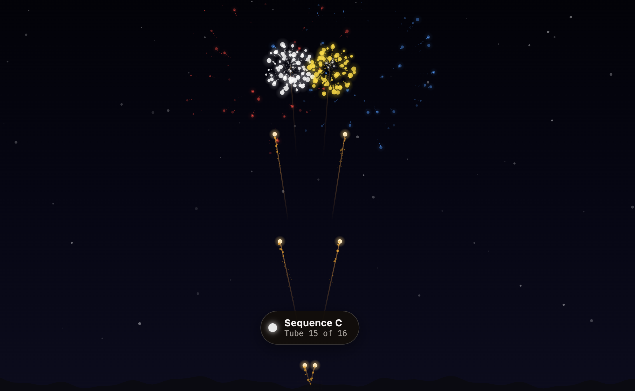Sky Preview animation — a simulated mortar show mid-burst
